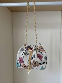 新款中国风亚麻单肩包，书法单肩包，复古印花水桶包，女士休闲时尚手提包，春季托特包 - 彩色 - 查看 7