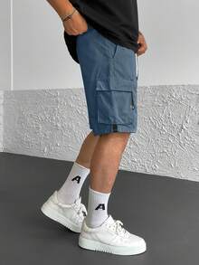 男士炫酷多口袋设计抽绳直筒工装短裤，修身显腿型 - 深色水洗藍 - 查看 3