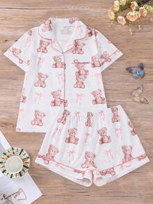 2 件套女士泰迪熊印花睡衣套装，包括带领和纽扣的短袖衬衫和宽松弹力短裤，漂亮时尚外套睡衣套装，休闲全季居家/户外睡衣 - 白色 - 查看 1