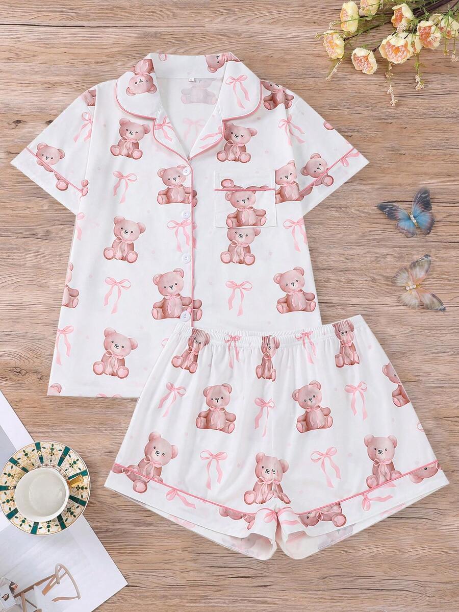2 件套女士泰迪熊印花睡衣套装，包括带领和纽扣的短袖衬衫和宽松弹力短裤，漂亮时尚外套睡衣套装，休闲全季居家/户外睡衣 - 白色 - 查看 1