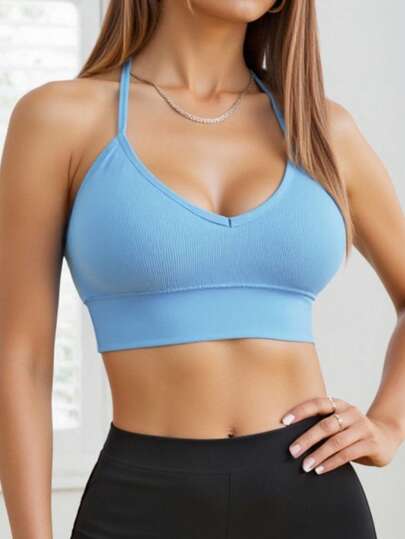 Piece Seamless Knit Ribbed Verleidelijke Bra, Wireless Cross Strap Backless Sports BH view 5
