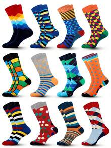 3/6 Pairs Random Men's Multicolored Mid-Calf Socks, Funny Fun Crazy Novelty Cool Socks For Daily Life, Gift For Men, Fall Socks - Multicolor - View 1