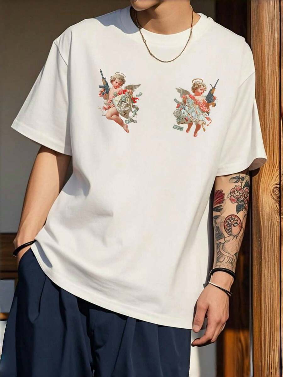 100% Cotton Unisex T-Shirt Short Sleeve Summer Vest 200g Cotton Comfortable Breathable Funny T-Shirt Men's Stylish And Casual Print Fashion Casual Outdoor Sports Fitness Tops Holiday Gift - 白色 - 查看 1