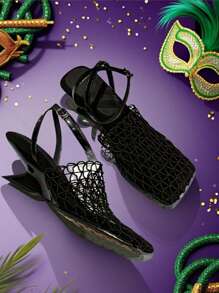 Niche New High Heel Sandals For Women, Suitable For Party, Preppy, Elegant, Casual, Business, Street, Nightclub, Fabric & Mesh Patchwork, Fashion High Heel Slippers For Women, Party, Office, Home, Outdoor, Summer