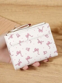 女士时尚新款蝴蝶结印花短款钱包零钱包时尚拉链款卡夹钥匙和现金通用小收纳包女士钱包女式钱包迷你钱包零钱包小钱包可爱钱包 - 白色 - 查看 9