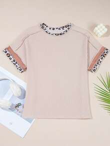 Acelitt Summer Solid Color Patchwork Leopard Print Collar Design Short Sleeve Round Neck T-Shirt - Multicolor - View 5