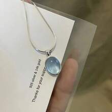Bohemian Moonstone Neck Chain Gemstone Pendant Round Serpentine Chain Necklace Exquisite Oval Protein Stone Lock Bone Chain Necklace Blue Sapphire Jewelry Women's - 藍色 - 查看 7