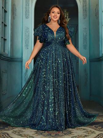 QOQ Damfest Formell Klänning Bling Plus Size Sommarklänning För Kvällsfest, Födelsedagsfest, Middagsfest Volang Kortärmad Plisserad Rygg Dragkedja Långa Klänningar