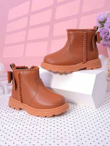 时尚新款儿童蝴蝶结靴，儿童高帮休闲平底踝靴，适合女童 - 棕色 - 查看 5