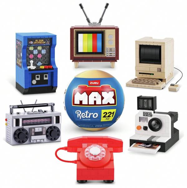 Spin Master MAX Retro Spielzeug, Premium Retro Bauklötze, neuartige Auspacker Sammlerstücke Mini Spielzeuge, klassische Computer TV Handy Kamera Radio Mystery Kapseln Bauklötzchen Set, 1 Kapsel