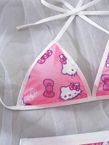 Sanrio 2 Stück Damen Rosa Hello Kitty Süßer Digitaldruck, Süßes Schlaf-Top & Rock, Rosa Pyjama, V-Ausschnitt, Kontrastspitze, Dreiteiler Top & Kurzer Rock, Sexy Dessous Set, perfekt für Ausgehen