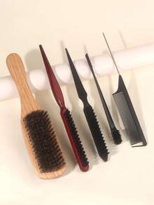 5pcs Professional Hair Styling Brush Set, Including Double-Sided Beard Brush, 3-Row Bristle Brush, Edge Brush, Volumizing Brush, Tail Comb, Sectioning Comb And Smoothing Brush, Designed For Women, Salon And Home Use - Multicolor - View 4