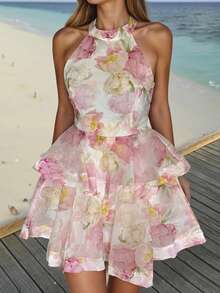 春夏女装时尚优雅都市现代休闲度假风碎花设计露背腰带无袖修身A字迷你连衣裙，夏季连衣裙，夏季服装，女士派对连衣裙，女士沙滩装，女士外出连衣裙，优雅派对连衣裙，女士度假装，女士休闲连衣裙 粉色 - 粉色 - 查看 2