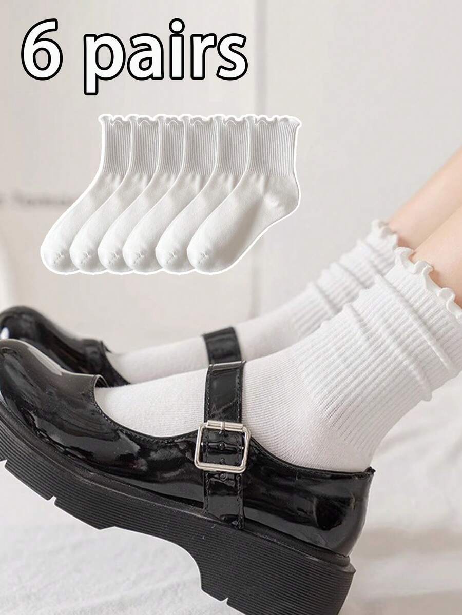 6 Pairs Women's White Ruffle Edge Decorative Ankle Socks, Versatile Slouch Socks, Cute Girl Style, Suitable For Daily Wear, Cozy - Multicolor - View 1