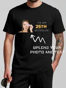 Custom Personalized Loose Crew Neck Casual Men's T-Shirts - Add Your Own Images And Text (Family Photos/Selfies/Pet Photos/Friends Photos/Lover Photos/Girlfriend Photos/Gifts/Couple Logos/Customizable Husband Or Boyfriend Or Girlfriend T-Shirts, Birthday Gifts And Parties) To Design Your Personalized Printed T-Shirts - Black - View 1