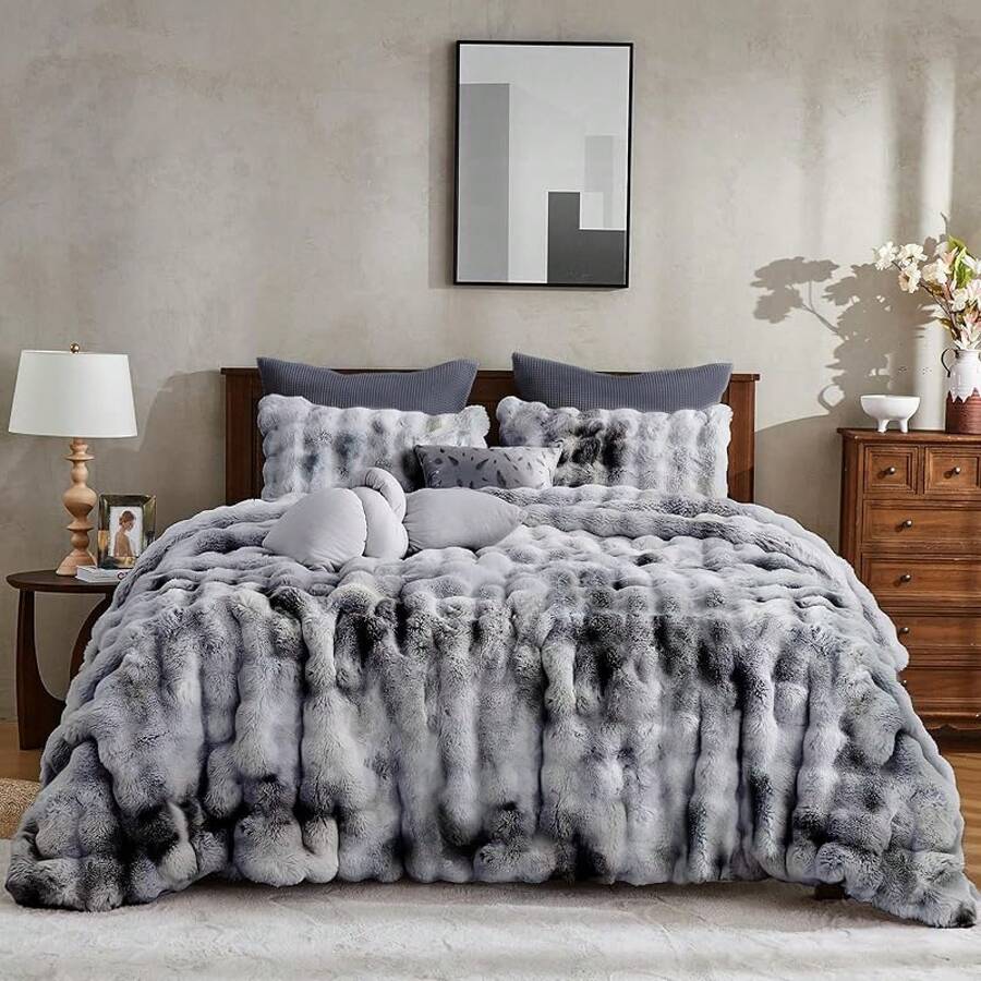 Comforter Set 3 Piece, Plush Fluffy Bedding, Geometric Pattern, Lightweight Bedspread Blanket All Season, Faux Comforter - 紮染灰 - 查看 1