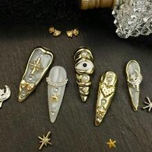 10pcs Gold 3D Decorative Press On Nails Handmade Acrylic French Y2K Style Milky White Nude Color Stiletto Full Coverage Fake Nail Set With Pearl Star Bow Moon Eye Cross Details Luxury Cute Press On Nails For Valentine's Day Gifts Easter Party Wedding Daily Wear Comes With Mini Nail File And Double Sided Adhesive Tabs - 金色 - 查看 6