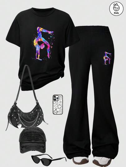 Girls' Summer 2 Pieces Simple And Colorful Dance Printed Thin Top+Casual Flared Pants Set, Fashionable And Comfortable, Suitable For Daily Outdoor Wear