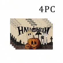 1/4/6 Stücke Halloween Serie mit gestreiften, Geister- und Kürbisdruck dekorative Tischsets/Untersetzer, 100% Leinen, handwaschbar - ideal für Esstische, Restaurants, Geburtstag & Party Dekoration, Heimdekoration