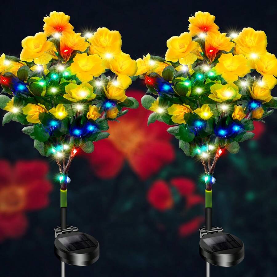 2-Pack Solar Garden Lights, 42 LED Outdoor Solar Lighting With Rhododendron Flowers, Waterproof Outdoor Garden Lights For Patio, Yard, Pathway Decor - 2支黃色杜鵑花 - 查看 1
