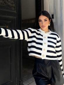 Áo len cardigan cài nút sọc màu tương phản thường ngày - trắng - Xem 2