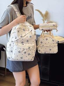 3 Pcs Fashionable Preppy Bow Print Backpack Set,Backpack&Lunch Bag&Pencil Case,With Laptop Compartment Bookbag,Adjustable Strap Bookbag Set,Multi Pockets High-Capacity School Bag Set Multifunctional Daypack Set Idea For Boys/Girls/Teens/College Students/Graduate/Graduate For Daily Use/Vacation/Travel/Back To School - Multicolor - View 6