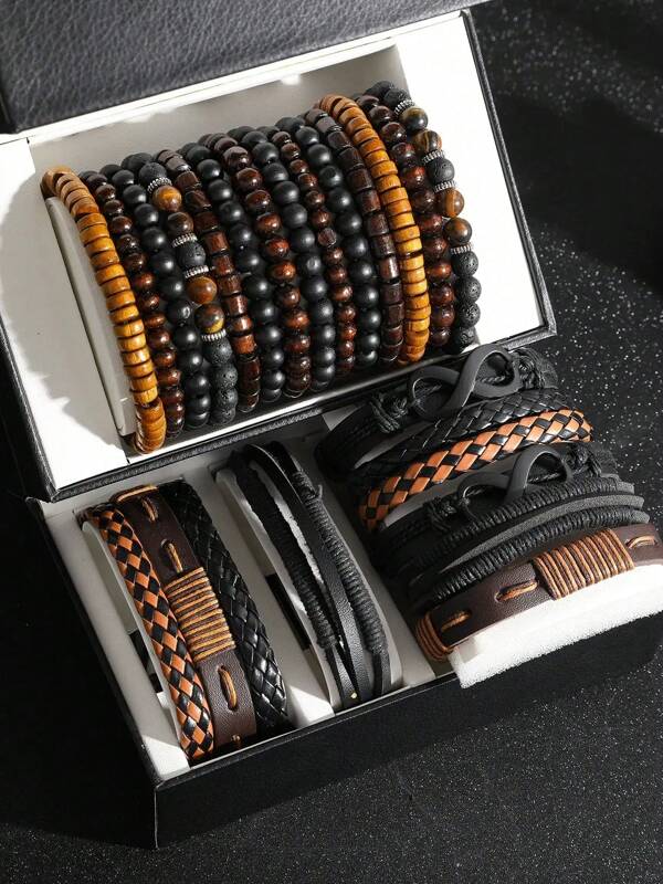 24pcs Men Fashion Accessory Set, Street Style Faux Leather & Wood Bead Bracelets, Versatile Layered Design For Casual Wear, With Multipack For Gifts (Box Not Included)