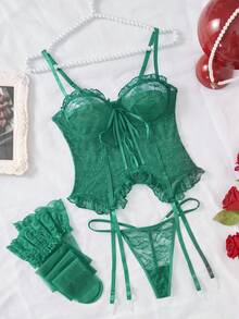 weiweihu 4-Piece Underwear Set  Halloween  Plain  Y2K  Romantic-French  Romantic-Floral  Sexy Cos  Classic Sexy  Ultra Sexy  Wild  Romantic-Babydoll  Polyester Embroidery  Cut Out  Bow  Lace Up  Sheer Purple Corset/White Corset/Red Corset/Corset De Mujer    4-Piece Set Of Mesh See-Through Underwear With Stockings  Available In All Seasons  Ribbon Straps Thin Belt Style Bow Tie  Special Moments, Intimate Moments A Gift For A Woman, An Intimate Gift Passion In Bed  Shapewear  Lingerie Dress Pajama Sets For Women Lencería Sexy Para Mujeres - Màu xanh lá cây đậm - Xem 4