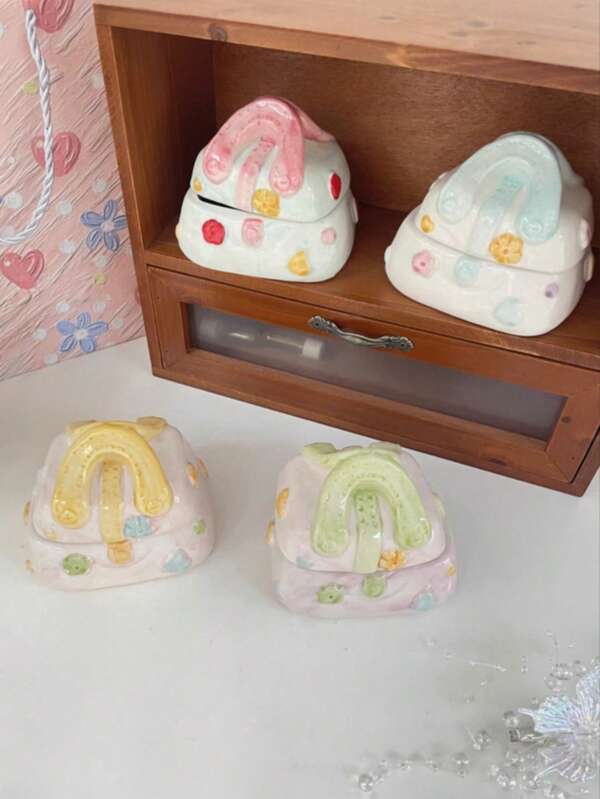 1pc Vintage Floral Embossing Ceramic Jewelry Ring Holder Box For Women Storage Organizer Travel Essentials Back To School Dormitory Storage