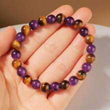 Pulsera de 8 mm de piedras de amatista y ojo de tigre para mujer | Joyería apilable, alivio de la ansiedad, ayuda para dormir, regalo de amuleto de buena suerte