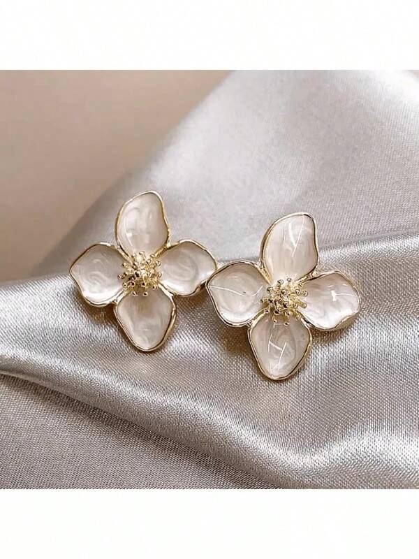 1 Pair Fashionable Hibiscus French Retro Hong Kong Style Glazed Red Flower Stud Earrings, Versatile Floral Earring Accessories