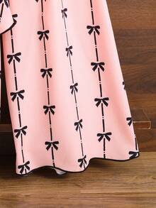 年轻女孩优雅蝴蝶结领口印花背心 + 阔腿裤两件套，法式奢华百搭服装，适合派对 - 粉色 - 查看 6