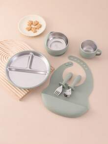 6PCS Print On Demand Silicone Bib Stainless Steel Cup Spoon Fork Sets Self Feeding Training Bowl Plate With Suction Base Tableware Sets, Shower Gift, Led Weaning, Personalized Gift - Multicolor - View 17