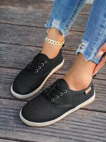 Women's Casual Canvas Sneakers, Flat Sole Lightweight Breathable Fashion Commuting Leisure Sports Shoes - Black - View 7