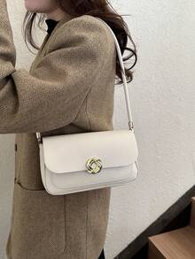 Elegante Bolso De Hombro Retro Decorado Con Herrajes Redondos De Color Sólido - Beis - Ver 3