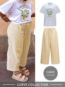 Plus Size Lemon Print T-Shirt And Plaid Wide Leg Pants Set - Casual Matching Set, Comfortable Autumn Outfit, Easy Women's Two Pieces Styling, Street Style, Outdoor Wear Elegant Summer - Multicolor - View 11