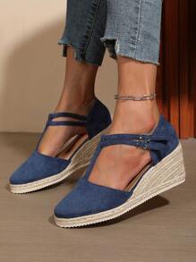Elegant Fashion Casual Versatile Daily Commute Solid Color Casual Commute Outdoor Party Elegant Party Holiday Fashion Knitted Lace-Up Women's Thick Bottom Wedge High Heel Shoes, Autumn, Festival, Wedding, Holiday, Party, Indoor & Outdoor, All Seasons
