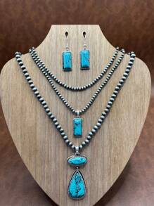 Retro Western Country Style Faux Pearl CCB Beaded Necklace Chain With Water-Drop Pendant, 3 Layers Chain Design, Matching Rectangle Earrings, Suitable For Women And Girls To Pair With Daily Outfit, Party Accessories, Jewelry, Gift For Family/Friends/Yourself