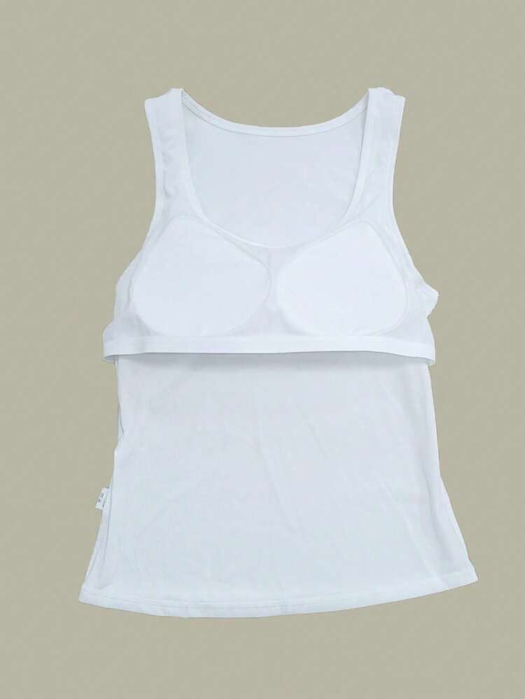 Women's Plain Seamless Sexy Wide Strap Camisole, Body-Fitting Ribbed Thin Padded Racerback Camisole, Can Be Worn As Outerwear - White - View 3