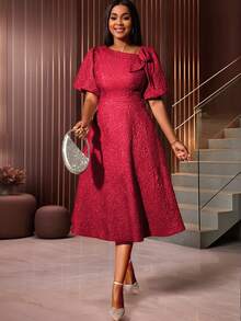 女士提花通勤压花优雅3D立体花卉泡泡袖A字连衣裙，适合鸡尾酒会、毕业典礼、生日、婚礼宾客、舞会、晚宴、返校节等场合。 - 紅色 - 查看 3