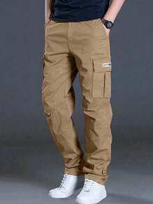 1 pieza Pantalones cargo para hombre de unicolor con múltiples bolsillos, pantalones casuales para exteriores, vacaciones en la playa, aptos para ir al trabajo, entrenamiento deportivo, senderismo, fitness, trotar, pantalones rectos versátiles