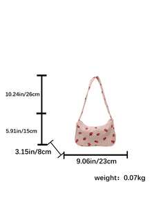 新款时尚女士单肩包，草莓印花灯芯绒面料轻便腋下包，时尚百搭，适合约会、购物 - 粉色 - 查看 3