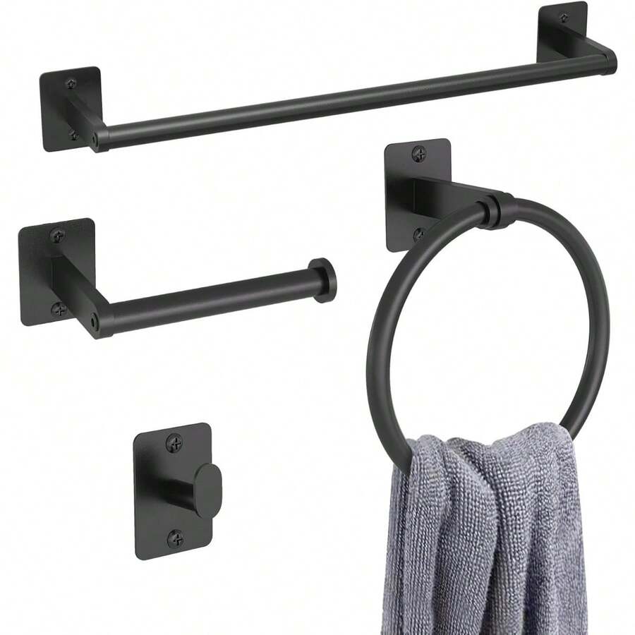 Matte Black Bathroom Accessories Set, KLJKPA 4 Pieces Bathroom Hardware Set, 24 Inch Towel Bar, Towel Racks For Bathroom, Robe Towel Hooks, Toilet Paper Holder Wall Mounted - màu đen - Xem 1
