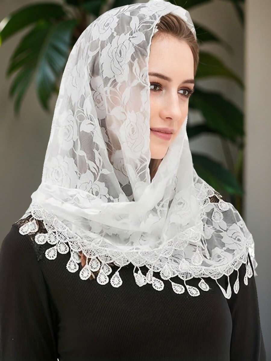1pc Women Solid Color Lace Rose Pattern Triangle Scarf, Suitable For Wedding, Party, Photography, Travel - Multicolor - View 1