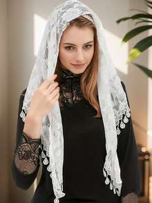 1pc Women Solid Color Lace Rose Pattern Triangle Scarf, Suitable For Wedding, Party, Photography, Travel - Multicolor - View 5