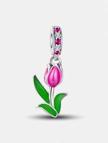 1Pc Fashionable Flower Tulip Clover Charm Bead Fit For Women Bracelets Bangles DIY Jewelry Making And Daily Outfit Matching Jewelry Decoration For Girls - Silver - View 18