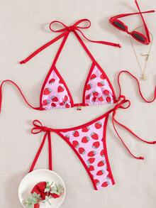 2 piezas Conjunto de bikini de mujer con estampado de cerezas, escote halter, para vacaciones en la playa con ribete contrastante, para verano - Multicolor - Ver 1