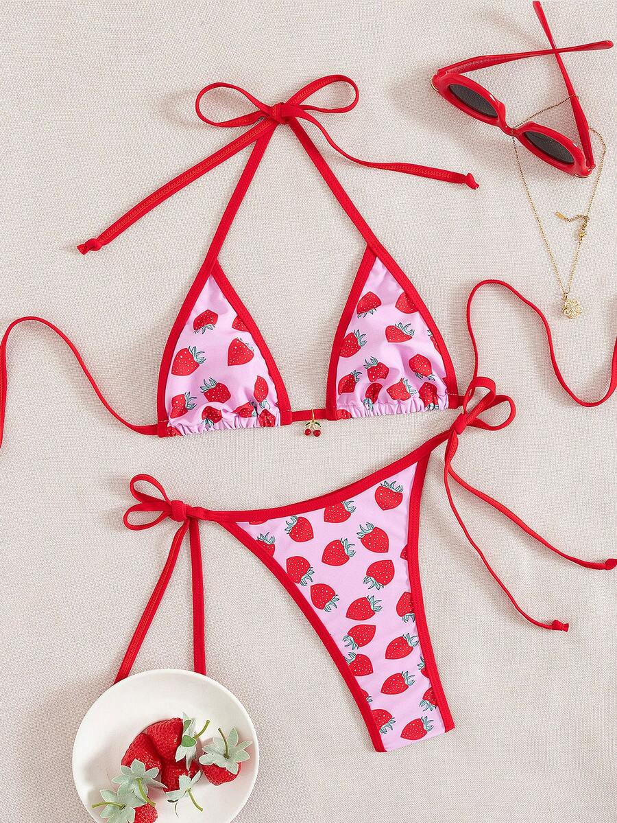 2 piezas Conjunto de bikini de mujer con estampado de cerezas, escote halter, para vacaciones en la playa con ribete contrastante, para verano - Multicolor - Ver 1