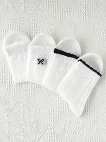 4 Pairs Girls' Bowknot Design White Mesh Casual Breathable Student Socks, Suitable For Spring/Summer Daily Wear