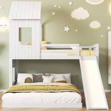 Sairedel Bunk Bed With Slide, House Bed, Children's Bed, With Gate, With Window And Roof, With Three-Step Ladder, Pine + MDF, White, 90x200cm & 140x200cm - 白色 - 查看 2